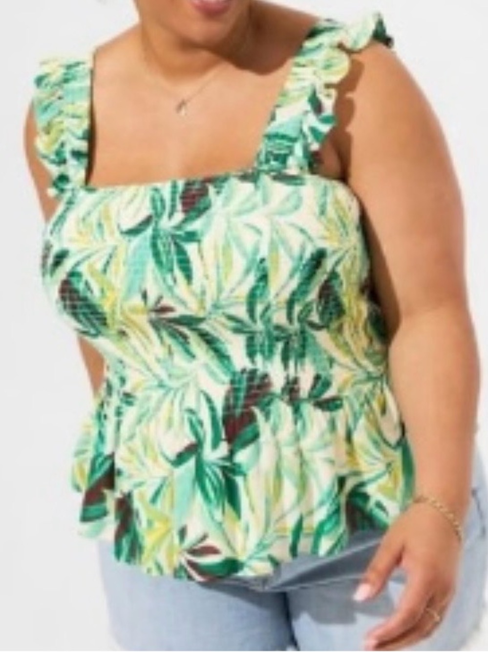Torrrid Green Leaf Ruffle-Sleeve Smocked Tank Top
